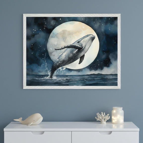 Humpback Whale Moonlit Ocean Coastal Wall Decor Unframed Paper Print