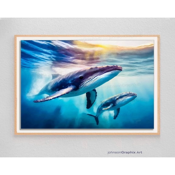 Humpback Whale Mother Baby Print Ocean Nursery Art Unframed Paper Print