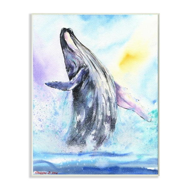 Humpback Whale Ocean Jump Blue Water 13 in x 19 in Framed Painting Art Print, by Stupell Home Décor