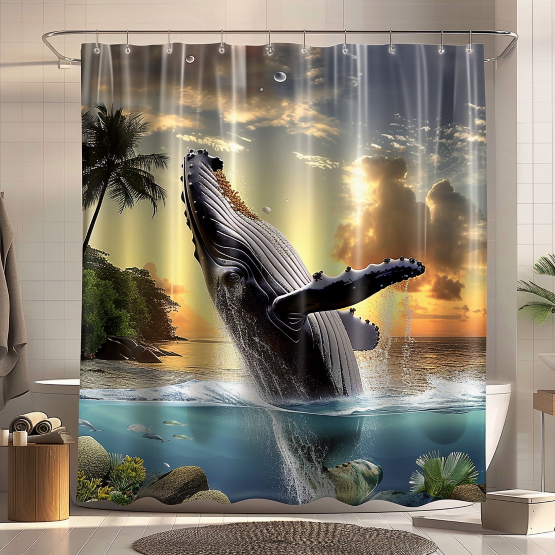 Humpback Whale Sunset Shower CurtainOcean Palm Tree Bathroom DecorHyper