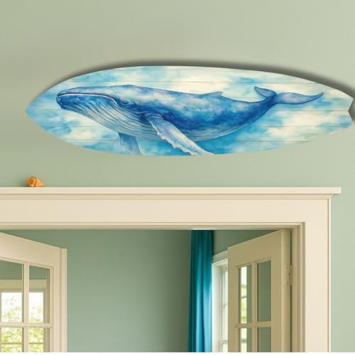 Humpback Whale Surfboard Wall Art – Coastal Nautical Decor, Beach House Sign, Watercolor Whale Art, Indoor Outdoor PVC Surfboard Decoration (3 Foot)