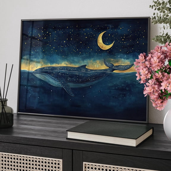 Humpback Whale Under Moon and Starry Night Sky Dreamy Blue Ocean Room Decor, Unframed Poster