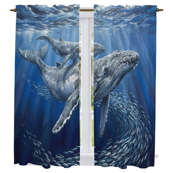 Humpback Whales Kitchen Curtains 63 Inch Length, Coastal Deep Sea Nautical Fishes Tiers Curtains for Living Room Berdoom Bathroom, Light Filtering Drapes Window Treatment 2 Panels 42"Wx63"L