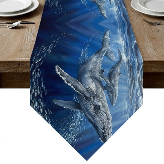 Humpback Whales Table Runner Linen Burlap Table Runner 36 Inches Small Coastal Deep Sea Nautical Fishes Dresser Scarves for Kitchen Island Coffee Dining Room Party Wedding Holiday Decor 13"x36"