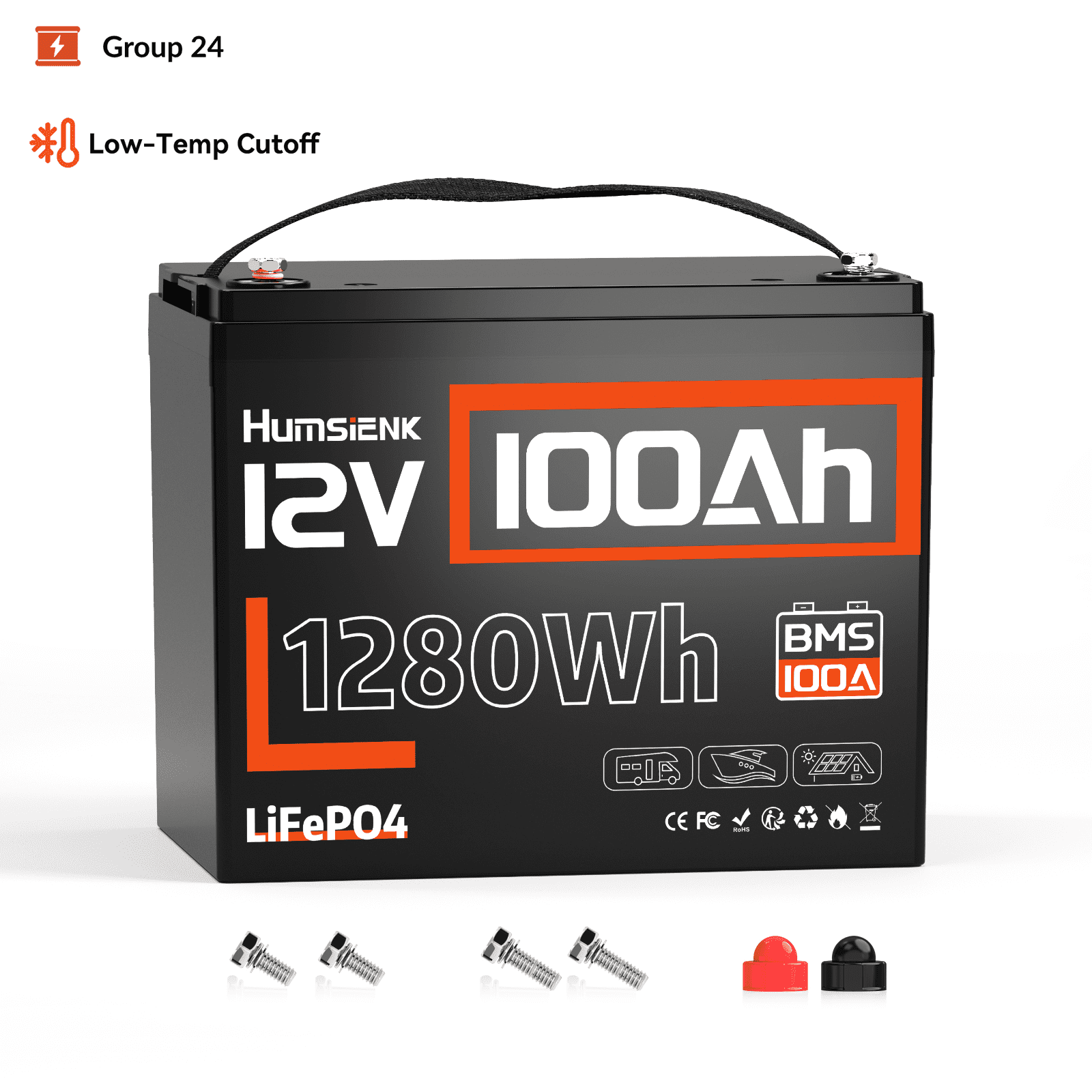 HumsiENK 12V 100Ah LiFePO4 Lithium Battery Group 24 Deep Cycle LiFePO4 Battery, Built-in 100A BMS & Low-Temp Protection, Professional for Trolling Motor/Off-Grid/Home Backup/RV/Marine