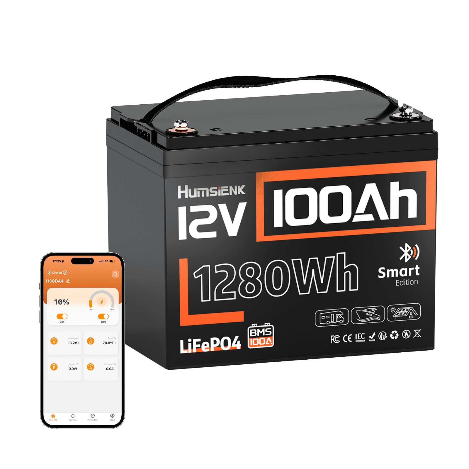 HumsiENK 12V 100Ah LiFePO4 Group 24 Battery with Bluetooth | 100A BMS & Low-Temp Cutoff for Trolling Motor, RV & Marine Use