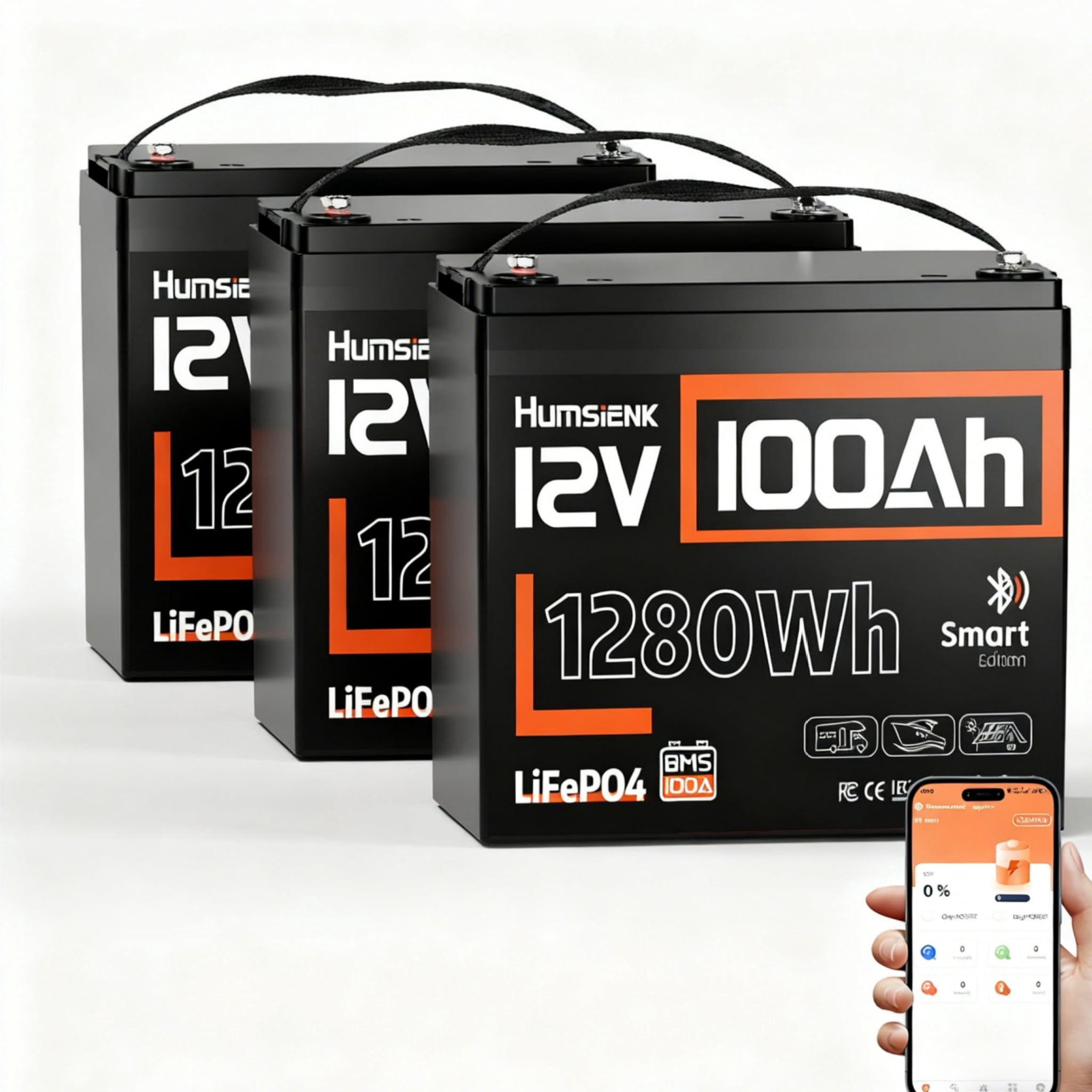 HumsiENK Trolling Motors LiFePO4 Battery 12V 100Ah Bluetooth(Group 24), 100A BMS, 12V Lithium Batteries, 15000+ Deep Cycles, Low-Temp Protection for Yacht, Marine, Boat, RV, Solar, 3 Packs