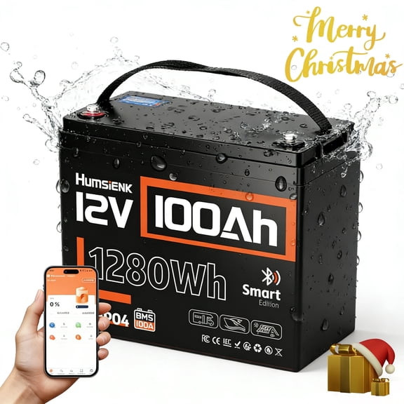 HumsiENK 12V 100Ah LiFePO4 Lithium Battery Bluetooth, Group 24 Deep Cycle LiFePO4 Battery, Built-in 100A BMS & Low-Temp Protection, Professional for Trolling Motor/Off-Grid/Home Backup/RV/Marine