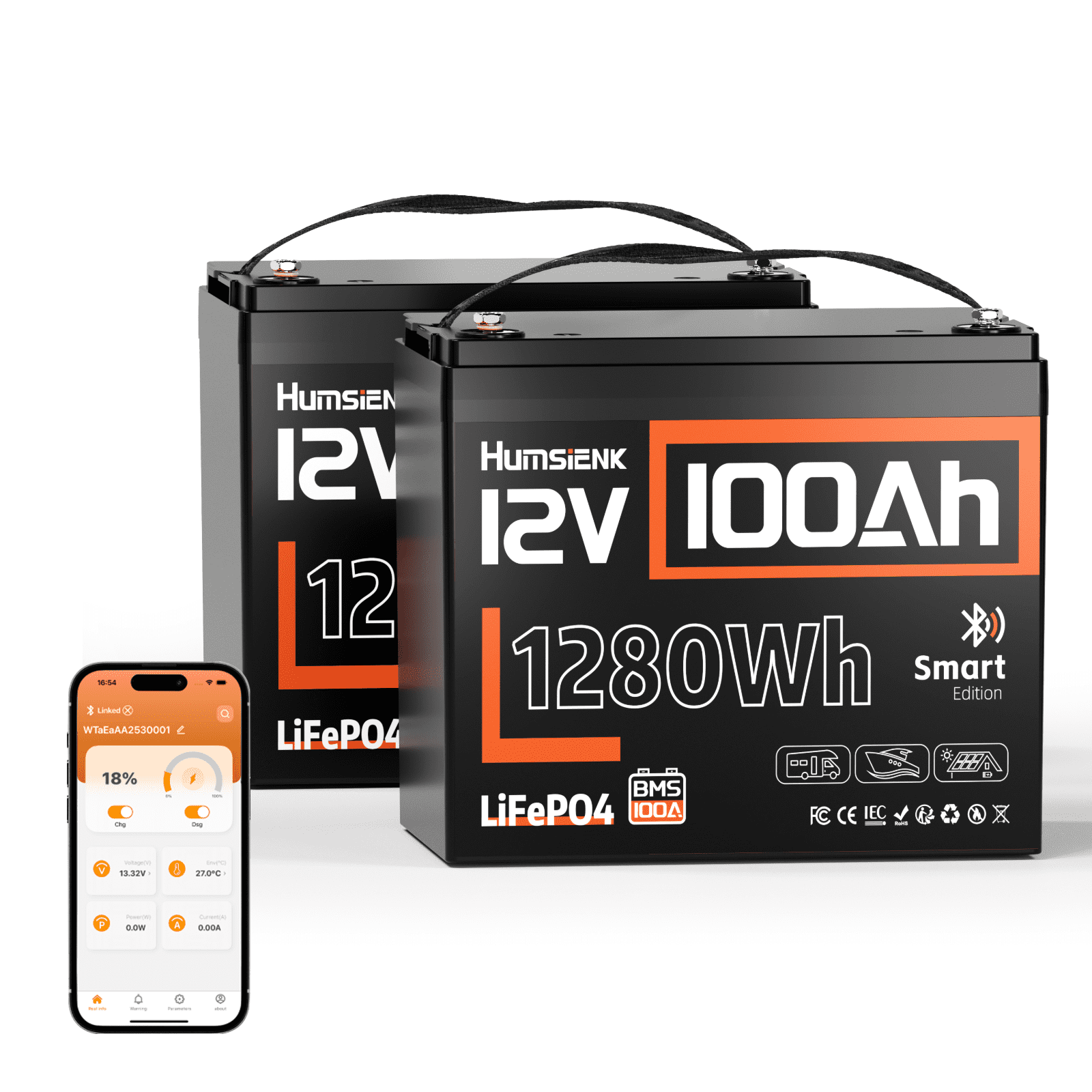 HumsiENK 12V 100Ah LiFePO4 Battery Bluetooth(Group 24) Built-in 100A BMS,12V Lithium Batteries with Blueteeth, 15000+ Deep Cycles, Low-Temp Protection for Yacht, Marine, Boat, RV, Solar, 2 Packs