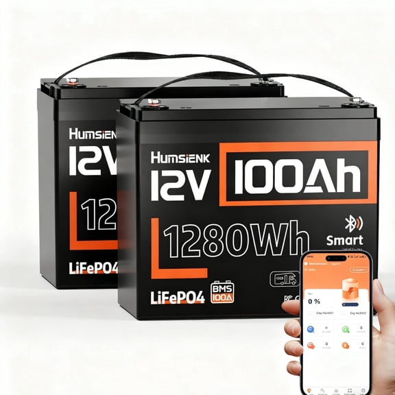 HumsiENK 12V 100Ah Trolling Motors LiFePO4 Battery Bluetooth(Group 24), 100A BMS, 12V Lithium Batteries, 15000+ Deep Cycles, Low-Temp Protection for Yacht, Marine, Boat, RV, Solar, 2 Packs