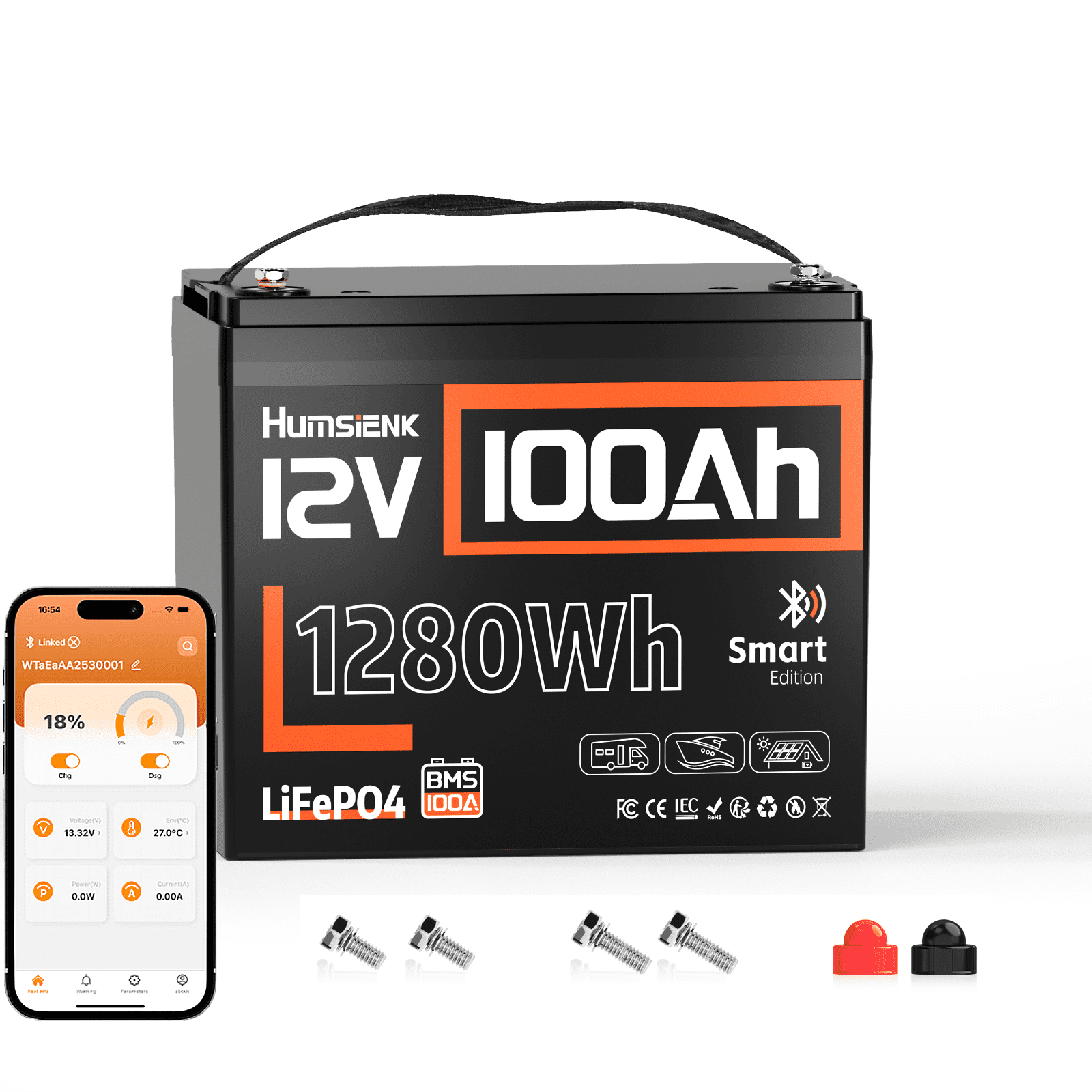 HumsiENK 12V 100Ah LiFePO4 Lithium Battery Bluetooth, Group 24 Deep Cycle LiFePO4 Battery, Built-in 100A BMS & Low-Temp Protection, Professional for Trolling Motor/Off-Grid/Home Backup/RV/Marine