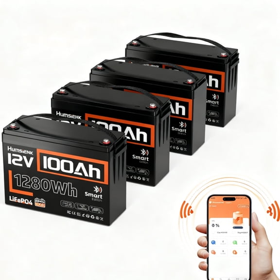 HumsiENK 12V 100Ah Bluetooth Trolling Motors LiFePO4 Battery(Group 24), 100A BMS, 12V Lithium Batteries, 15000+ Deep Cycles, Low-Temp Protection for Yacht, Marine, Boat, RV, Solar, 4 Packs