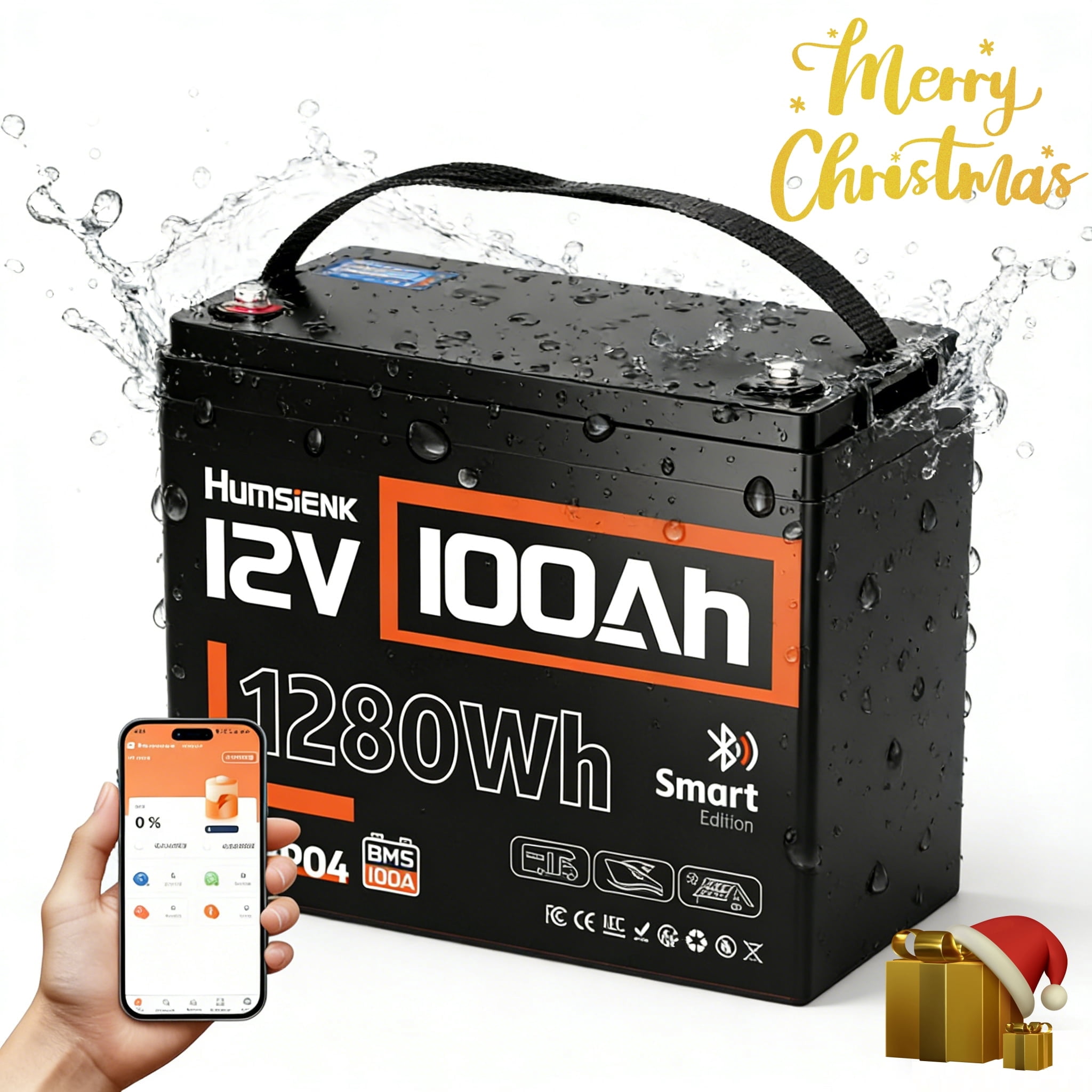 HumsiENK 12V 100Ah LiFePO4 Lithium Battery Bluetooth, Group 24 Deep Cycle LiFePO4 Battery, Built-in 100A BMS & Low-Temp Protection, Professional for Trolling Motor/Off-Grid/Home Backup/RV/Marine