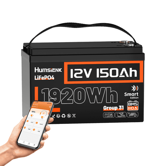 HumsiENK 12V 150Ah LiFePO4 Battery Group 31 Lithium Battery with Bluetooth Deep Cycle Battery 110A BMS, 15000+ Cycles for Solar, RV, Marine, Off-Grid, Travel Trailers – Lightweight