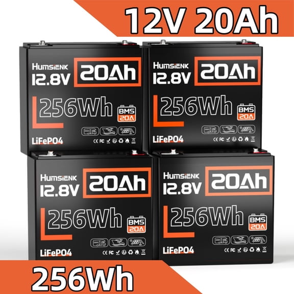 HumsiENK 12V 20Ah Lithium LiFePO4 Deep Cycle Battery, 15000+ Cycles Rechargeable Battery for Rideontoy, Electric Scooter, Lighting, Power Wheels, Fish Finder(4 Pack)