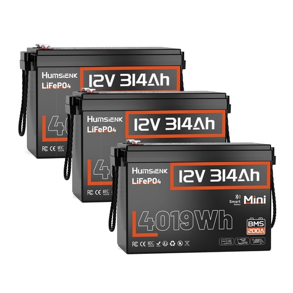 HumsiENK 12V 300Ah (314Ah) Bluetooth Lifepo4 Battery Mini(3 Packs), Built-in 200A BMS, 15000 Deep Cycles,Marine Battery Waterproof with Low-Temp Protection for Torlling Motor RVs Solar