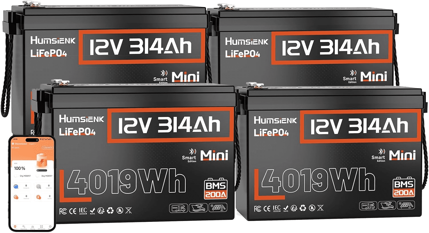 HumsiENK 12V 300Ah LiFePO4 Battery for RV Bluetooth Mini 4-Pack, 48V Lithium Battery, Lithium Deep Cycle Solar Home Energy Marine Battery(314Ah)