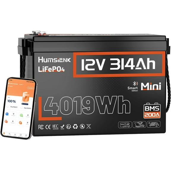 HumsiENK 12V 300Ah LiFePO4 Lithium Battery Mini with Bluetooth(314Ah), Built-in 200A BMS, 15000 Deep Cycles,12V Marine Battery Waterproof with Low-Temp Protection for Torlling Motor RVs Solar System