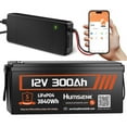 thumbnail image 1 of HumsiENK 12V 300Ah Lithium Battery with 20A Charger & Bluetooth, Built-in 100A BMS, 15000 Deep Cycles Lithium LiFePO4 Batterys, Low-Temp Protection, for RVs, Solar System, Off-Grid, 4190Wh, 1 of 8