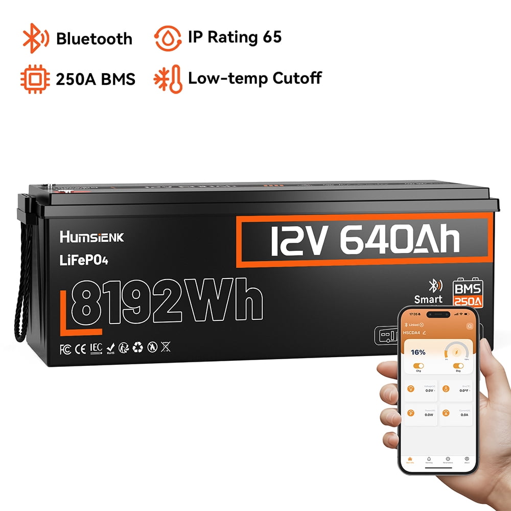 HumsiENK 12V 640Ah LiFePO4 Lithium Battery with Bluetooth & Built-in 250A BMS,Deep Cycle Battery Up to 15000+ Deep Cycles, Perfect for Solar Home System, RV, Camper, Off-Grid