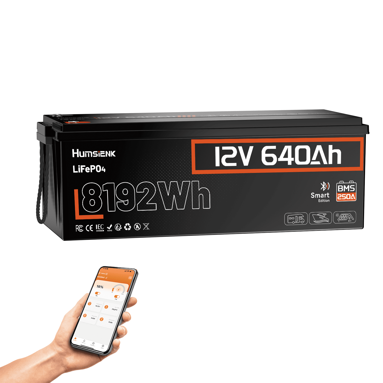 HumsiENK 12V 640Ah LiFePO4 Lithium Battery Bluetooth, Group 31 Deep Cycle LiFePO4 Battery, Built-in BMS & Low-Temp Protection, Professional for Trolling Motor/Off-Grid/Home Backup/RV/Marine