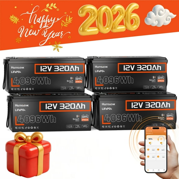 HumsiENK 12V Lithium Batteries 320Ah Bluetooth, 4096Wh LiFePO4 Battery for RV, Solar Power Storage, Off-Grid, Home Energy Storage, 250A BMS, 15000+Cycles LiFePO4 Lithium Battery(4 Pack)