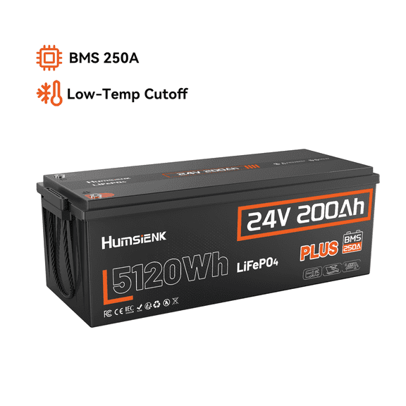 HumsiENK 24V 200Ah LiFePO4 Lithium Battery, Built-in 250A BMS, Max. 5120Wh Energy Deep Cycle Battery,Up to 15000+ Deep Cycles, Perfect for Solar Home System, RV, Camper, Off-Grid