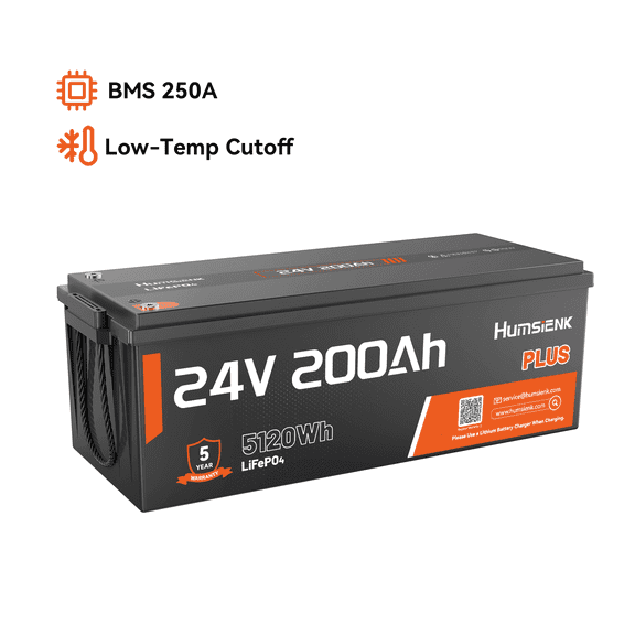 HumsiENK 24V 200Ah LiFePO4 Lithium Battery, Built-in 250A BMS, Max. 5120Wh Energy Deep Cycle Battery, 6000+ Up to 15000 Deep Cycles, Perfect for Solar Home System, RV, Camper, Off-Grid
