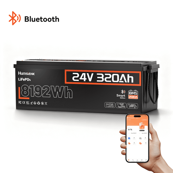 HumsiENK 24V 320Ah LiFePO4 Lithium Battery with Bluetooth & Low-Temp Protection, Built-in 200A BMS, 8192Wh Deep Cycle Battery for RV, Off-Grid,Solar Home Energy Storage,Marine