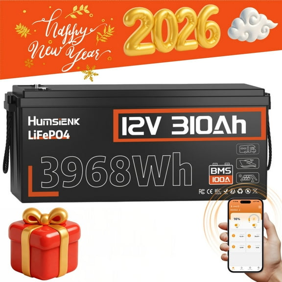 HumsiENK 310Ah 12V LiFePO4 Lithium Battery, 12V 300Ah Lithium Battery for RVs, Trolling Motor, Solar Energy Storage, Off Grid, 3968Wh Energy, 100A BMS, 15000+ Cycles Batteries with Low-Temp