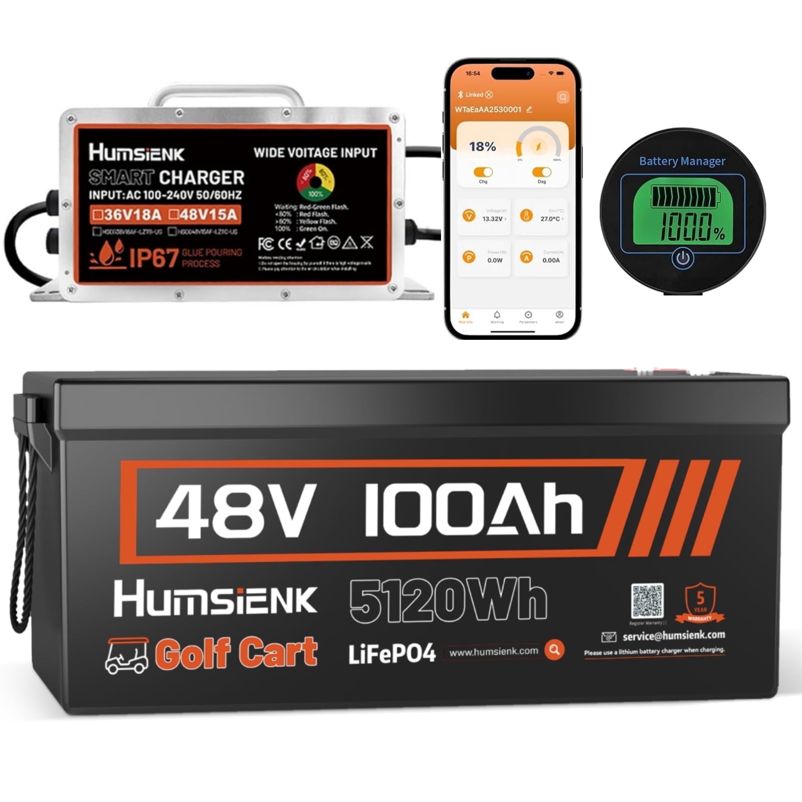 HumsiENK 48V 100Ah Golf Cart LiFePO4 Lithium Battery with 15A Charger, 48V Metal Case LiFePO4 Battery with Bluetooth,Built-in 200A BMS for Golf Cart, Boat, RV, Off-Grid, Home Storage