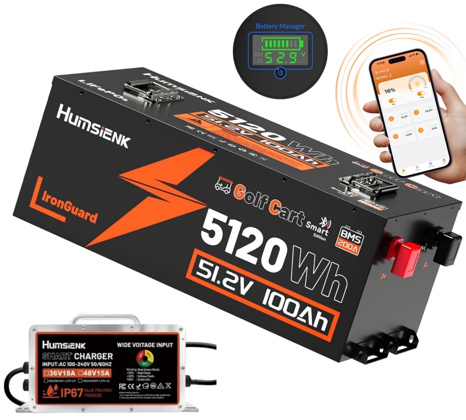 HumsiENK 48V 100Ah Golf Cart Lithium Battery with 48V 15A Charger & Bluetooth, Cylindrical Cell & Metal Case, 15000+ Cycles LiFePO4 Golf Cart Battery, 200A BMS with Low-Temp Protection for Golf Cart