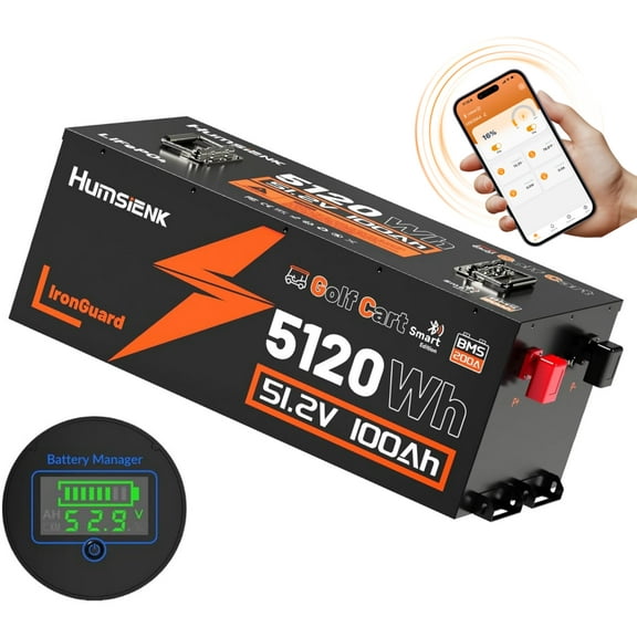 HumsiENK 48V 100Ah Lithium Golf Cart Battery Bluetooth, Cylindrical Cell & Metal Case, 15000+ Cycles Golf Cart LiFePO4 Battery, 200A BMS with Low-Temp Protection for Golf Cart, Solar, RV, Off-Grid