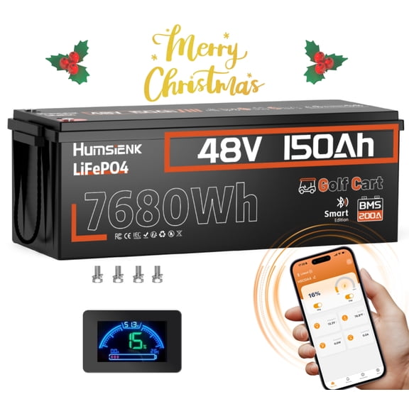 HumsiENK 48V 150Ah Golf Cart Battery with 48V 15A Charger, LiFePO4 Lithium Battery with Blade Cell, Metal Case,, Bluetooth, LCD Monitor, 15000+ Deep Cycles, 200A BMS for Golf Carts, Solar System, RV