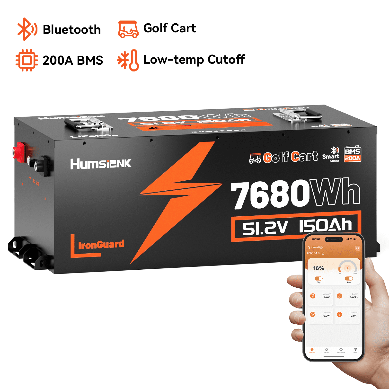 HumsiENK 48V 150Ah LiFePO4 Lithium Battery with Bluetooth Built-in 200A BMS,7.68kWh 15000+ Deep Cycles Batteries for Golf Cart, RVs, Off Grid, Solar System