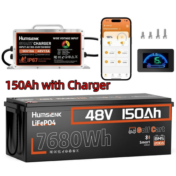 HumsiENK 48V 150Ah Lithium Golf Cart Battery Bluetooth with Blade Cell & Metal Case, LiFePO4 Lithium Battery with LCD Monitor, 15000+ Deep Cycles, 200A BMS with Low-Temp Protection for Golf Carts