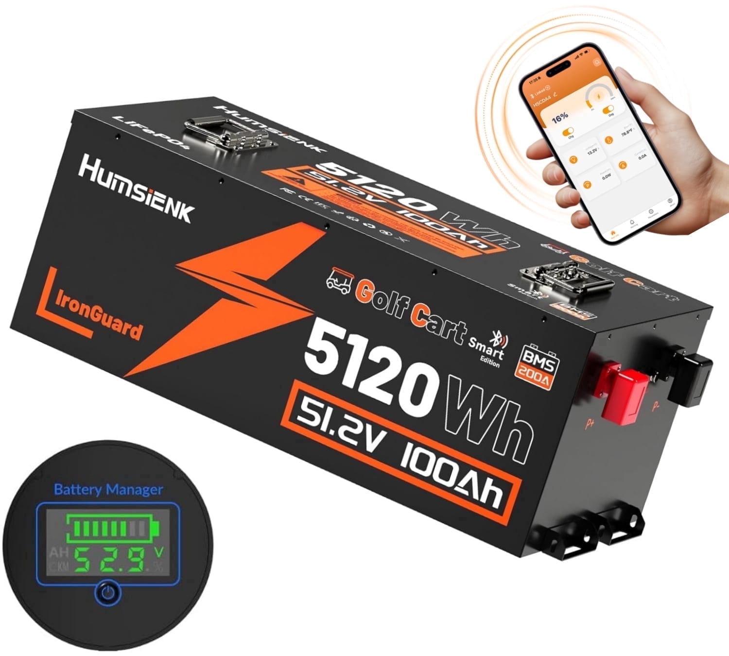 HumsiENK 48V 100Ah LiFePO4 Lithium Golf Cart Battery(51.2V) with Bluetooth, 200A BMS, 10000+ Deep Cycles, 5.12kWh, Golf Cart Batteries for Golf Cart, RVs, Off Grid, Solar System