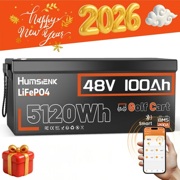 HumsiENK 48V 100Ah LiFePO4 Lithium Golf Cart Battery(51.2V) with Bluetooth, 200A BMS, 10000+ Deep Cycles, 5.12kWh, Golf Cart Batteries for Golf Cart, RVs, Off Grid, Solar System