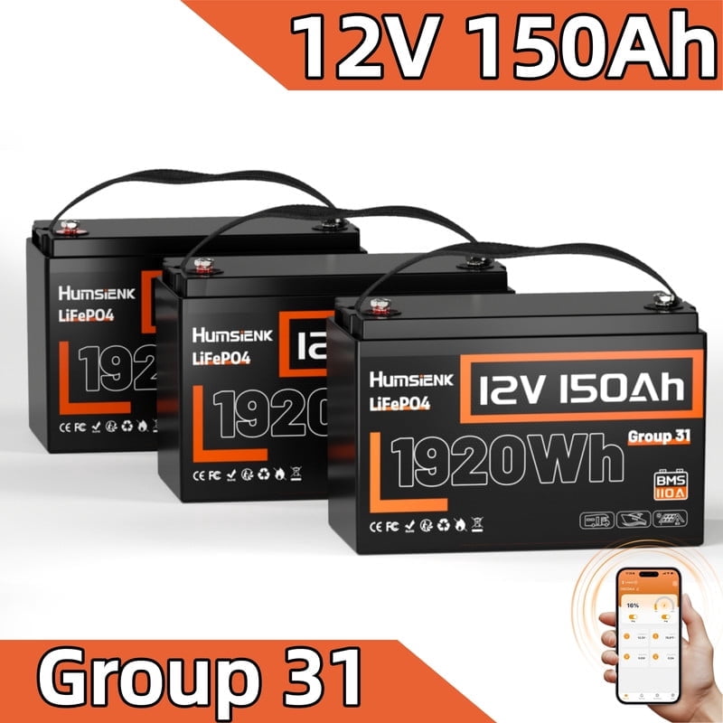 HumsiENK Bluetooth 12V 150Ah Lithium Battery Group 31 LiFePO4 Battery Deep Cycle 110A BMS, for Solar Power Storage, RV Camper, Marine Boat, Off-Grid, 15000 Cycles, 5-Year Warranty(3 Pack)