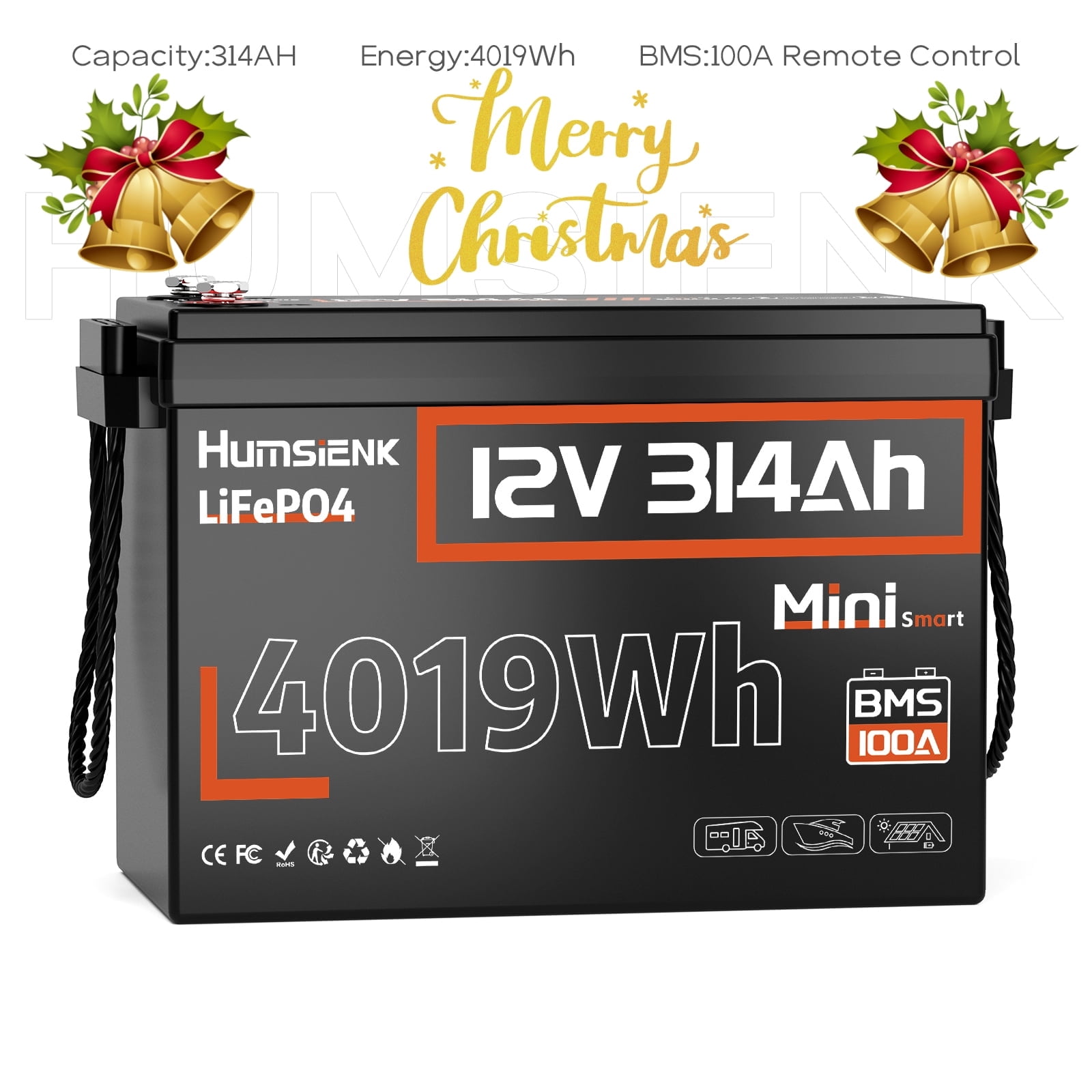 HumsiENK Bluetooth 12V 300AH(314Ah) LiFePO4 Lithium Battery MiNi, 4190Wh Energy for Last Long, 15000 Deep Cycles Trolling Motor Battery with Low-Temp Protection for RVs, Solar System, Off-Grid