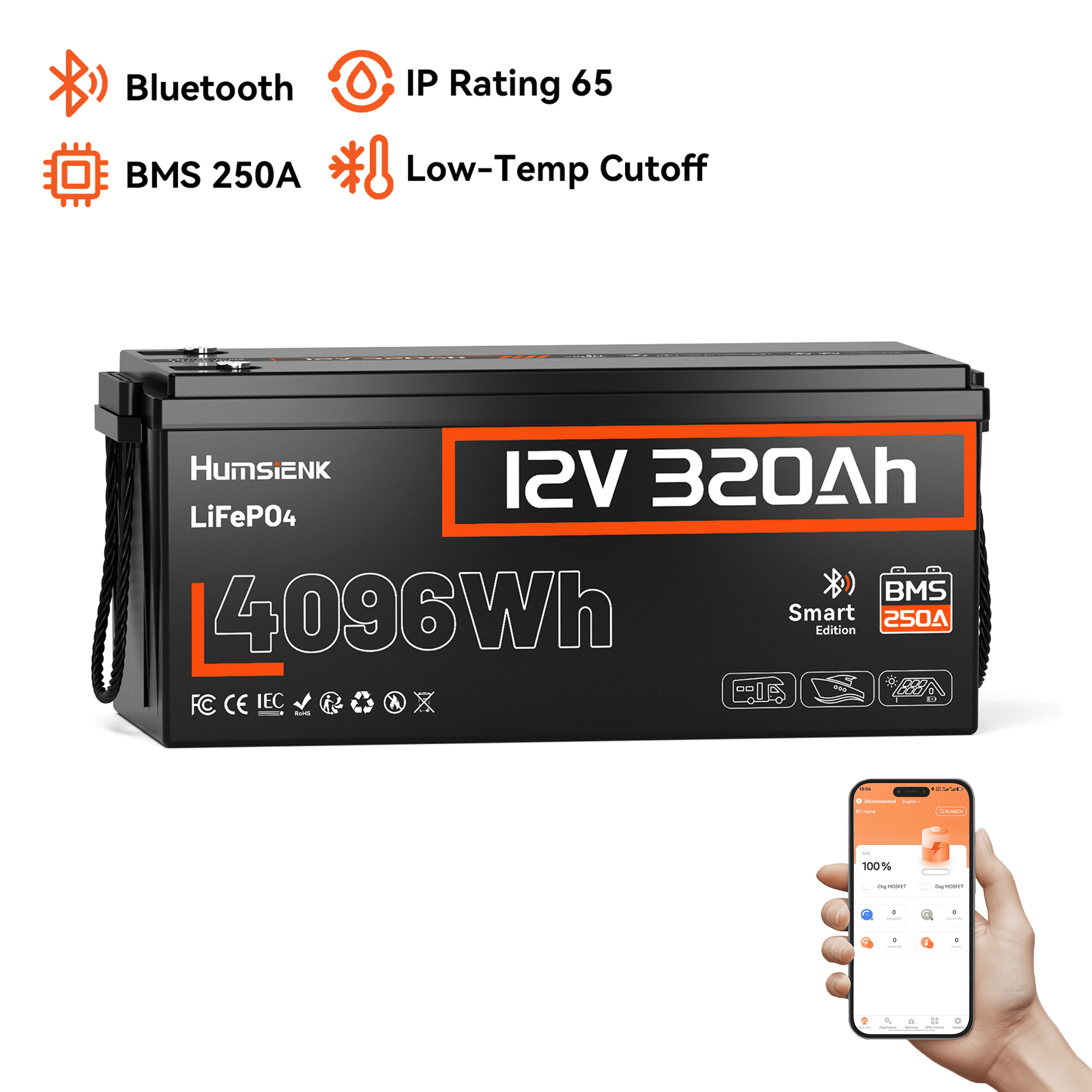 HumsiENK Bluetooth 12V 320Ah Lithium Battery, 300Ah(320Ah) LiFePO4 Battery for RV, Solar Power Storage, Off-Grid, 250A BMS, 4096Wh, 15000+Cycles LiFePO4 Lithium Battery, IP65 & Low Temp Protection