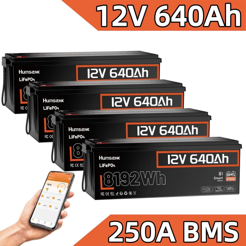 HumsiENK Bluetooth 12V 600Ah Lithium LiFePO4 Battery(640Ah) for RV, Solar System, Off Grid, Home Energy Storage, Marine, Camping, 8192Wh, 250A BMS(4 Pack)
