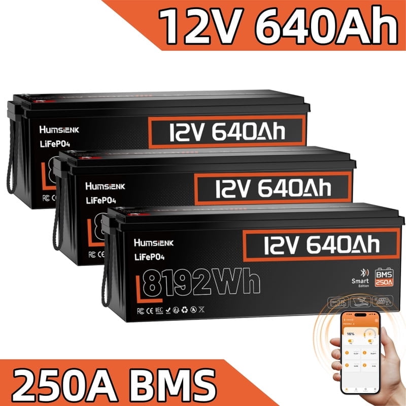 HumsiENK Bluetooth 12V LiFePO4 Battery 600Ah(640Ah) for RV, Solar System, Off Grid, Home Energy Storage, Marine, Camping, 8192Wh 12V Lithium Batteries, 250A BMS(3 Pack)