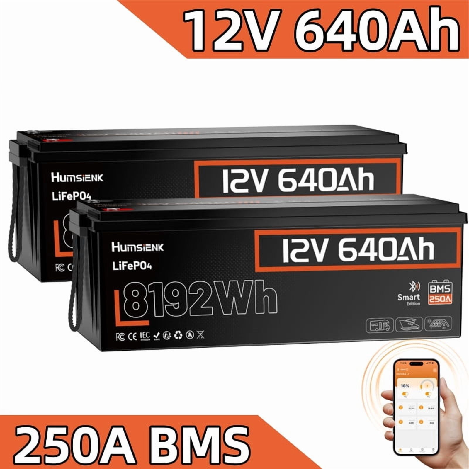 HumsiENK Bluetooth 12V Lithium Battery 600Ah(640Ah) for RV, Solar System, Off Grid, Home Energy Storage, Marine, Camping, 8192Wh LiFePO4 Battery, 250A BMS(2 Pack)
