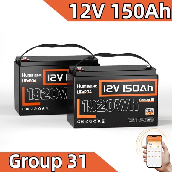 HumsiENK Group 31 LiFePO4 Battery 12V 150Ah Bluetooth Deep Cycle Lithium Battery 110A BMS, for Solar Storage, RV Camper, Marine Boat, Off-Grid, 15000 Cycles, 10-Year Lifetime(2 Pack )