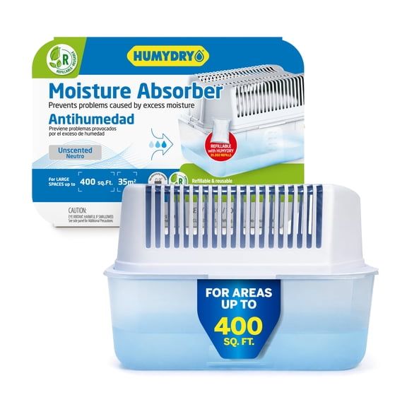 Humydry Moisture Absorber Dehumidifier Device, Pack of 2 Devices of 35.3 Oz With 2 Pre-Measured Refills, Fragrance Free Humidity Absorber For Basements Bedrooms And Large Enclosed Spaces