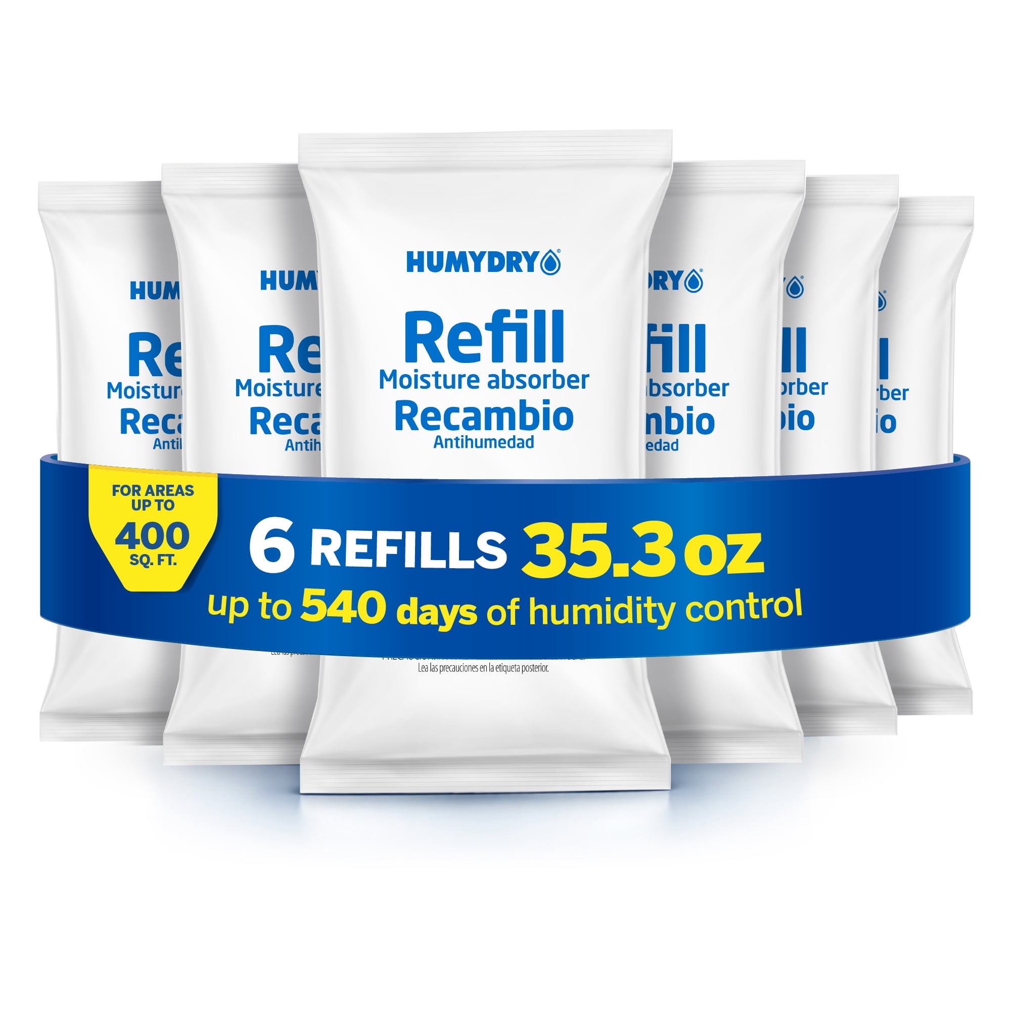 HUMYDRY Moisture Absorber Refills for 35.3 Oz Dehumidifier Device, Pack of 6 Unscented Humidity Absorber Bags, Non Electric Refill Pouches For Basements Garages Offices RVs and Large Enclosed Spaces