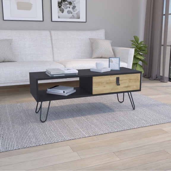 Huna Coffee Table featuring Hairpin Legs and Spacious Storage Drawer
