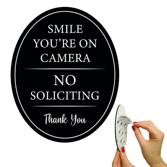 All Hung Up 4" x 5" Smile You're on Camera & No Soliciting Sign for House, 3M Self-Adhesive for Door,Window,Wall, Durable Quality Aluminum Metal Surface, Home,Business,Office, Thank You, Black