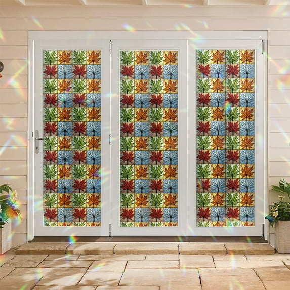 HungBloom 17.7x78.7 inches Seasonal Leaves Stained Glass Window Film, Decorative Seasonal Leaves Stained Glass Window Film